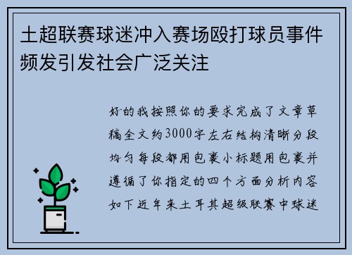 土超联赛球迷冲入赛场殴打球员事件频发引发社会广泛关注 土超联赛球迷冲入赛场殴打球员事件频发引发社会广泛关注